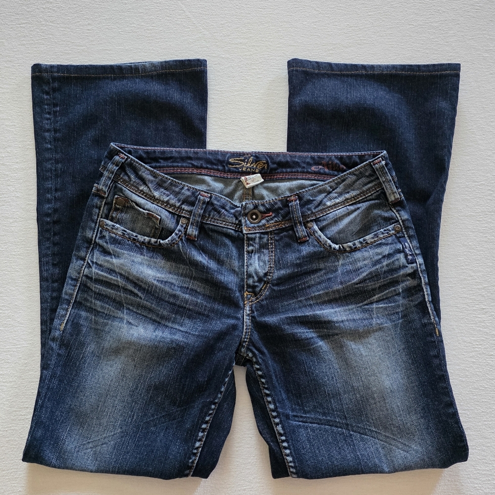 Silver Jeans Aiko Lowrise Flare Bootcut Jeans Mid Dark Wash Denim Blue Cotton